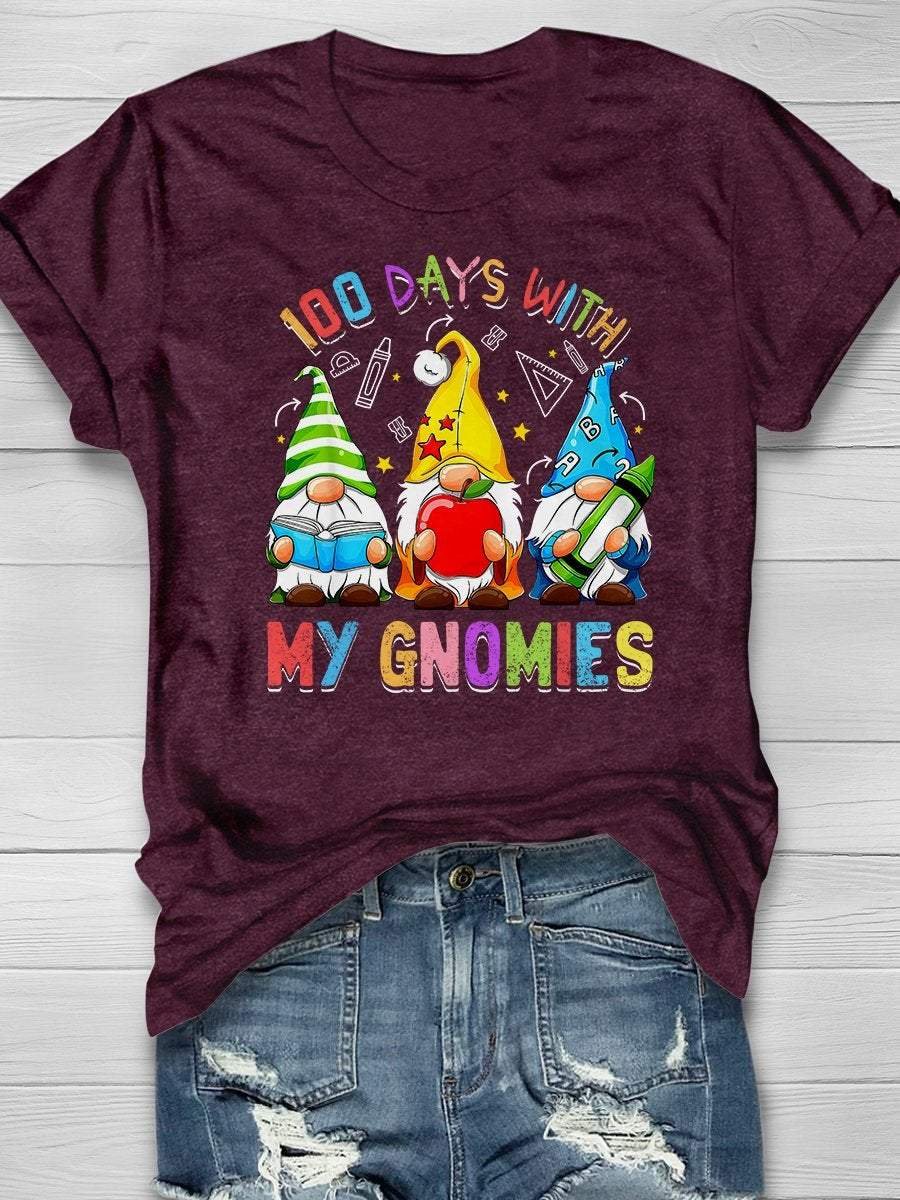 Happy 100th Day Of School Three Gnomes Teachers Print Short Sleeve T-shirt