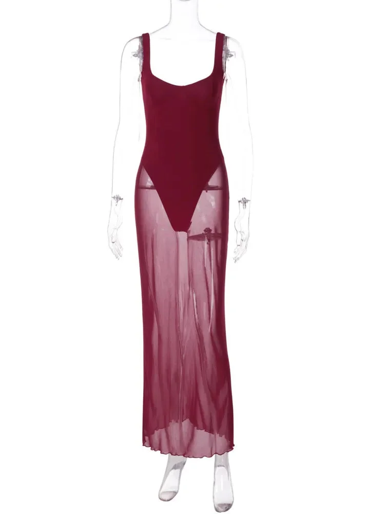 Toloer Solid Strap Mesh Bodysuit Maxi Dress-Outfit Ideas