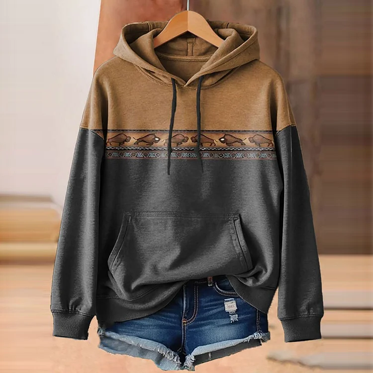 Utbros Retro Western Geometric Art Print Casual Hoodie