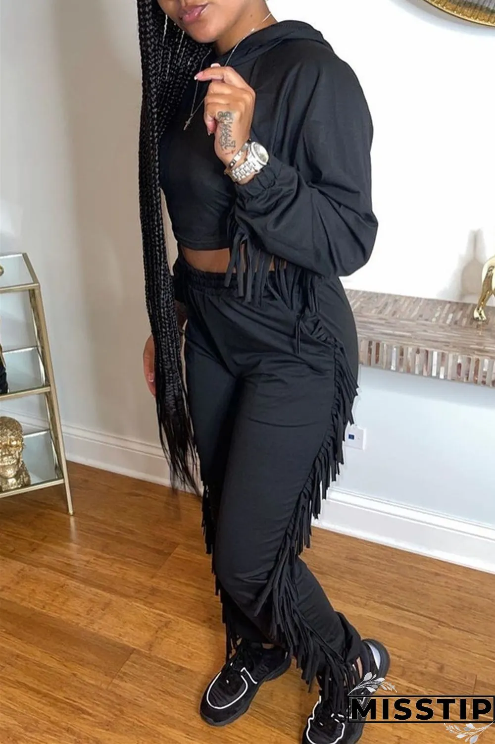 Orange Fashion Casual Solid Tassel Hooded Collar Long Sleeve Two Pieces