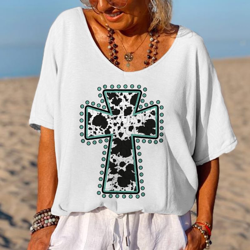 White Leopard Faithful Cross Printed Women's T-shirt