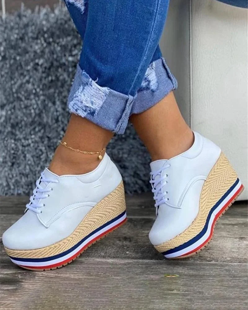 Vulcanize Shoes Women Sneakers Ladies Solid Color Wedge Thick Shoes Round Toe Lace-Up Comfortable Platform Sneakers 2021 Fashion