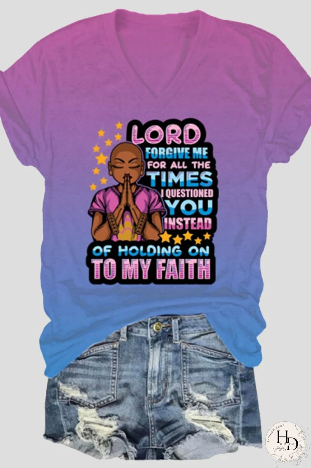 Pink Orange Fashion Casual Gradual Change Print Basic V Neck T-Shirts