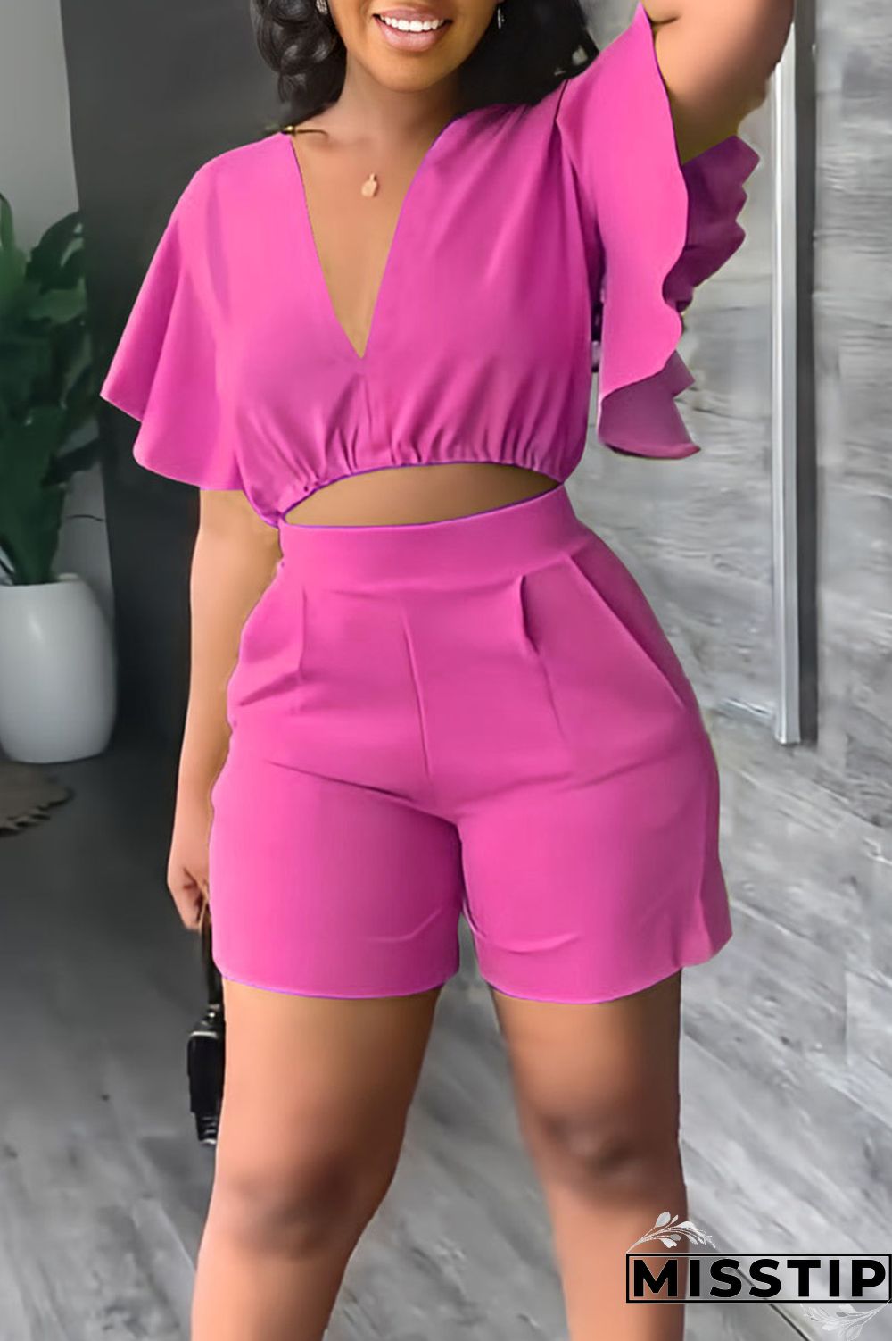Yellow Casual Solid Patchwork Flounce V Neck Short Sleeve Two Pieces