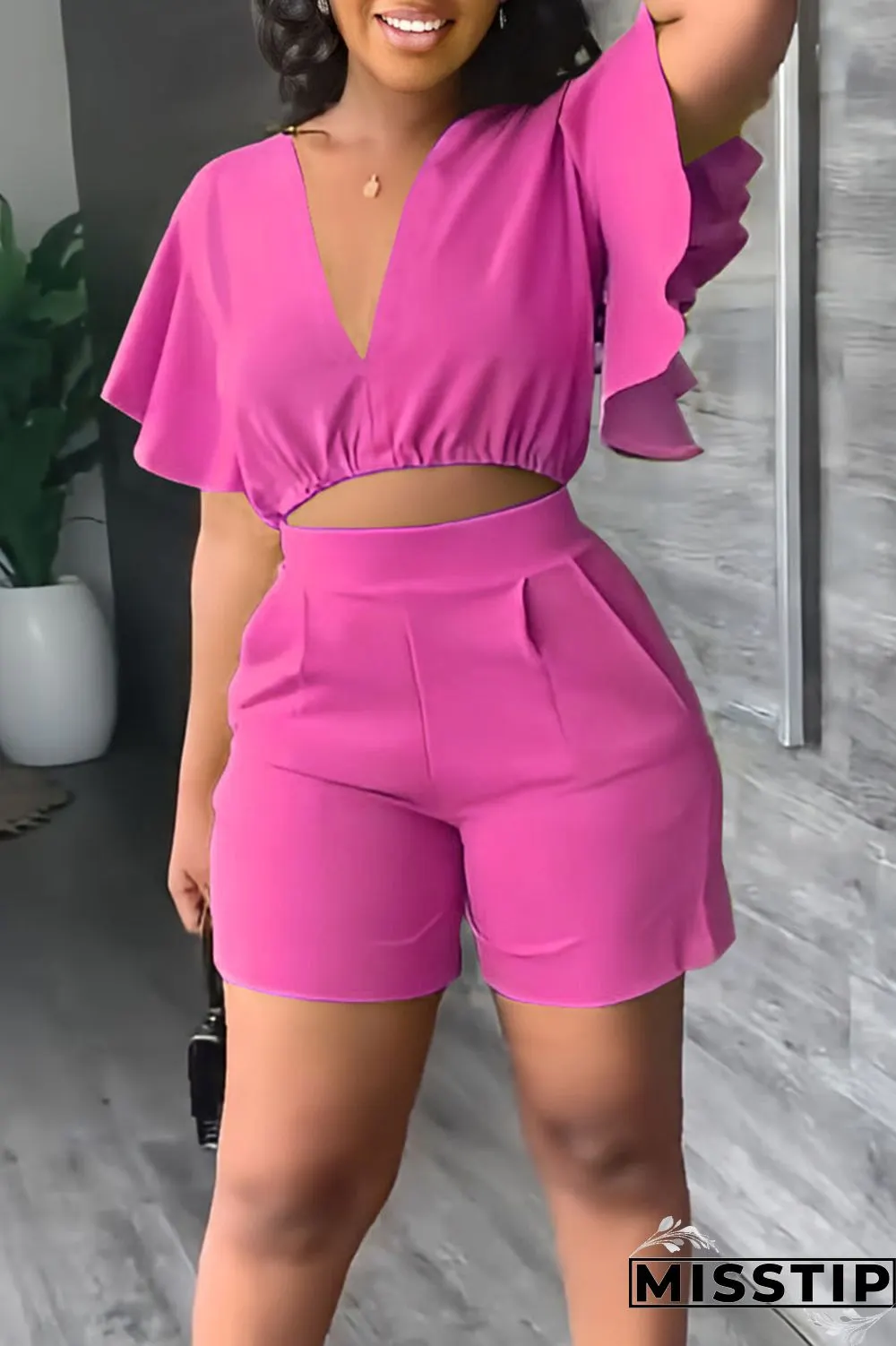 Yellow Casual Solid Patchwork Flounce V Neck Short Sleeve Two Pieces