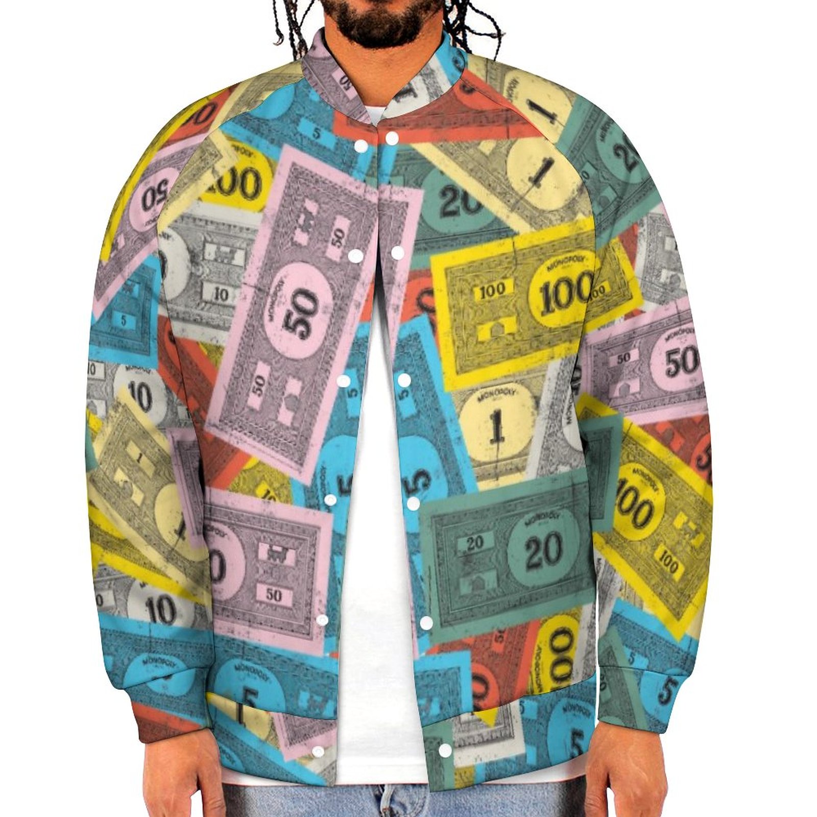 Spring and Fall Vintage Monopoly Money Mens Baseball Jacket Guys Graphic Print Varsity Streetwear Coats