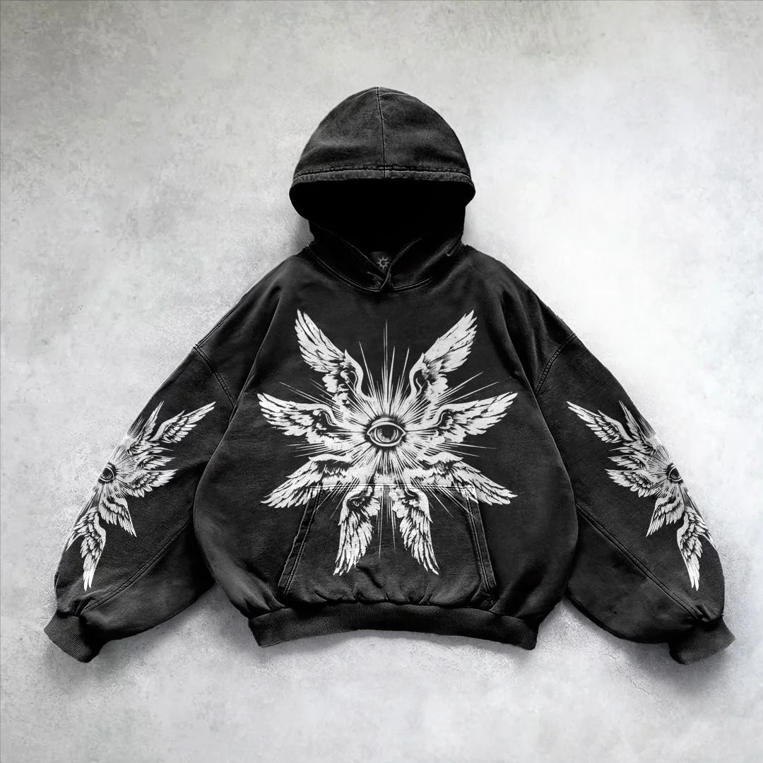 Aonga Gothic Retro Oversized Graphic Print Black Hoodies Loose Harajuku Long Sleeved Pullover Y2k Hoodie Men and Women Sweatshirt Tops aonga