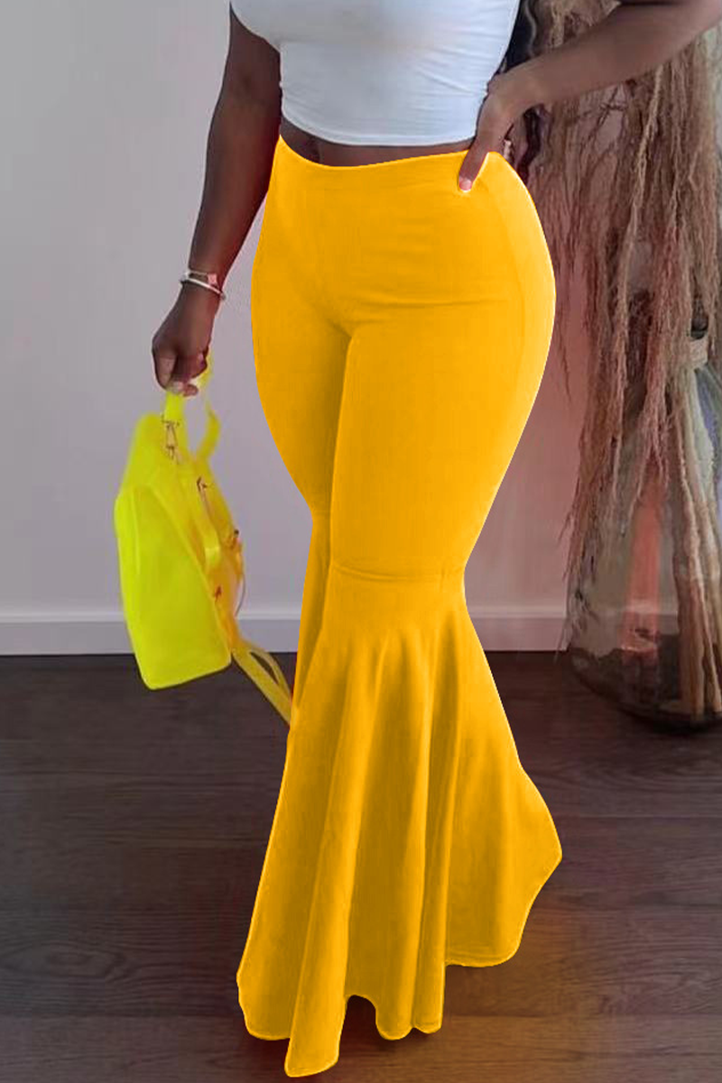 Fashion Solid Flounce Boot Cut High Waist Speaker Solid Color Bottoms