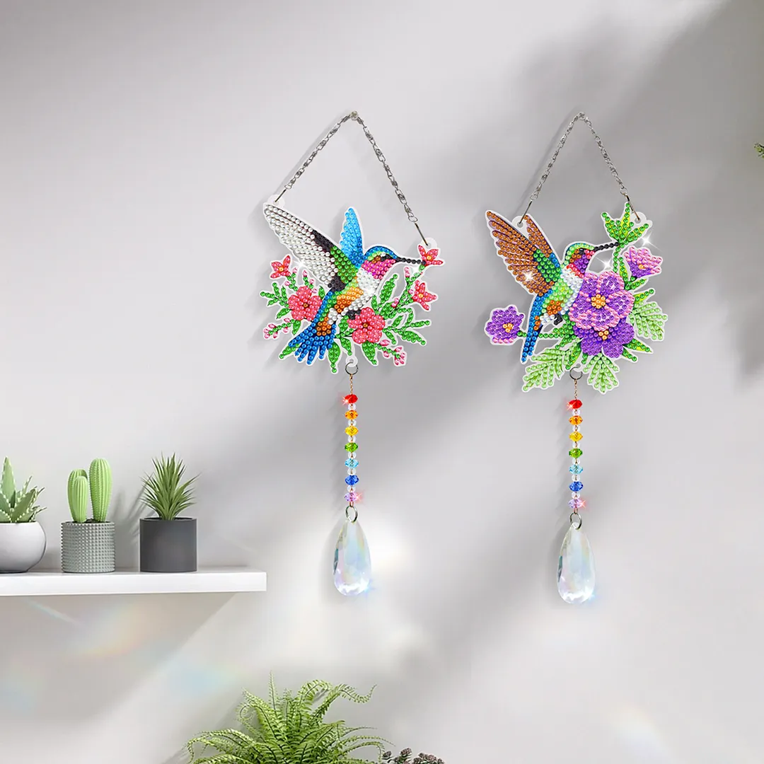 2Pcs Garden Hummingbird DIY Double-Sided Diamond Painting Hanging Kits Diamond Painting Suncatcher Craft Kit for Home Garden Wall Decor Gift