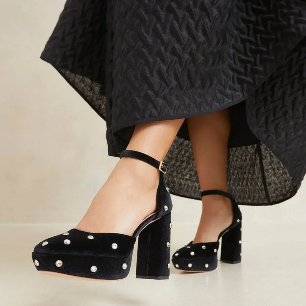 Black Faux Suede Closed Toe Chunky Heel Ankle Strap Platform Pumps Nicepairs