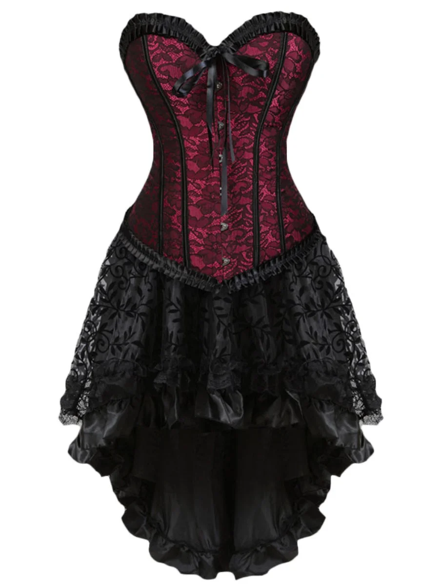 Halloween Gothic Dress Steampunk Lace Floral Tie Corset 2 Piece Dress
