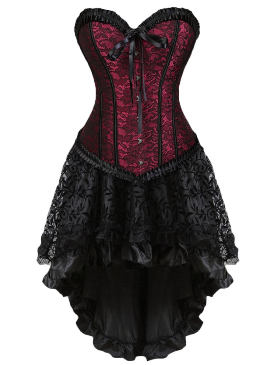 Halloween Gothic Dress Steampunk Lace Floral Tie Corset 2 Piece Dress