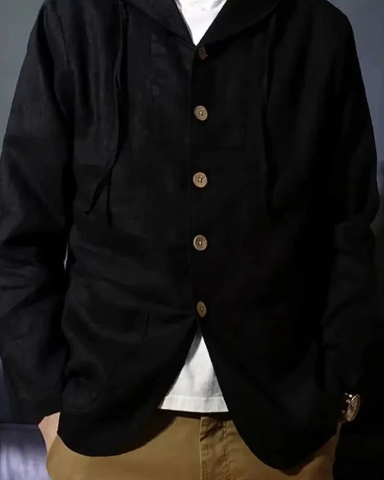 Men's Casual Loose Cotton And Linen Button Pocket Coat