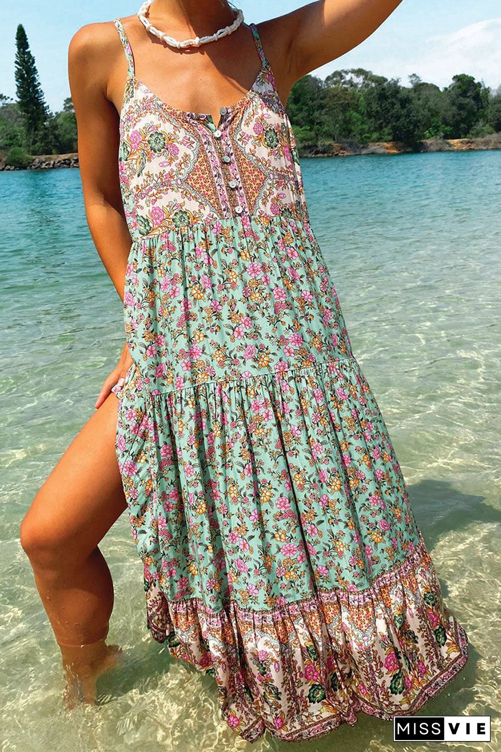 Fashion Casual Print Split Joint Spaghetti Strap Pleated Dresses