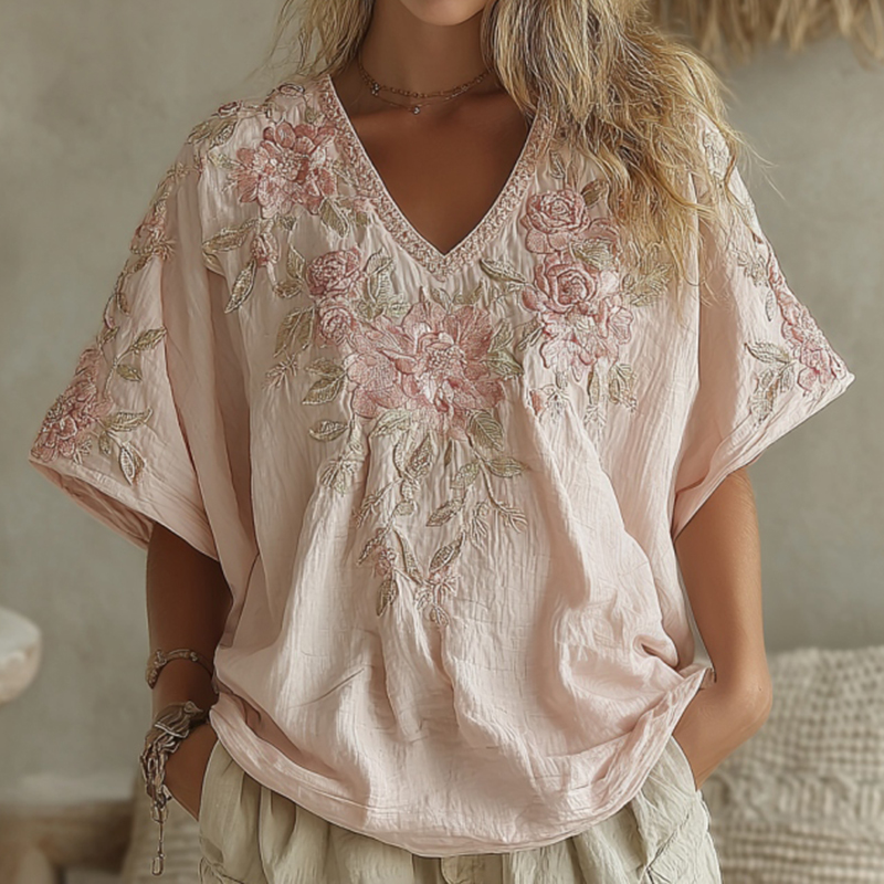 Comstylish Women's Vintage Pink Rose Art Linen Blend V-neck T-shirt