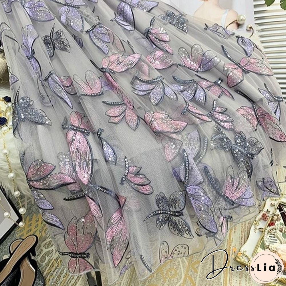 High Quality Sequins Embroidery Dragonfly Two Layer Mesh Pleated Skirt Women Summer High Waist Long Skirts Womens Elegant