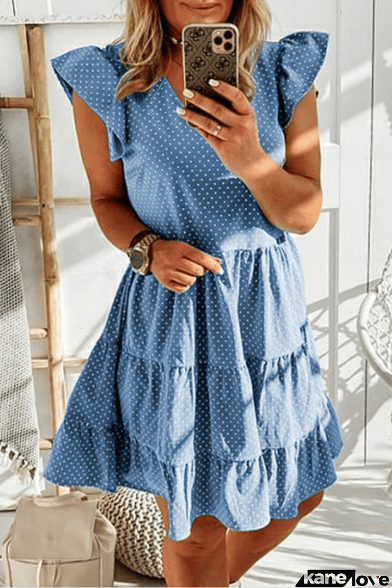 Casual Dot Flounce V Neck Cake Skirt Dresses