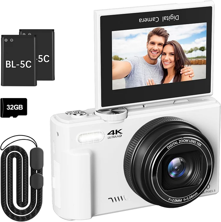 C&aacute;mara digital 4K para fotograf&iacute;a, c&aacute;mara de vlogging de 64 MP para YouTube con visualizaci&oacute;n abatible de 3 pulgadas y 180&deg;, punto de zoom digital de 18X y c&aacute;mara de disparo con tarjeta micro SD de 32