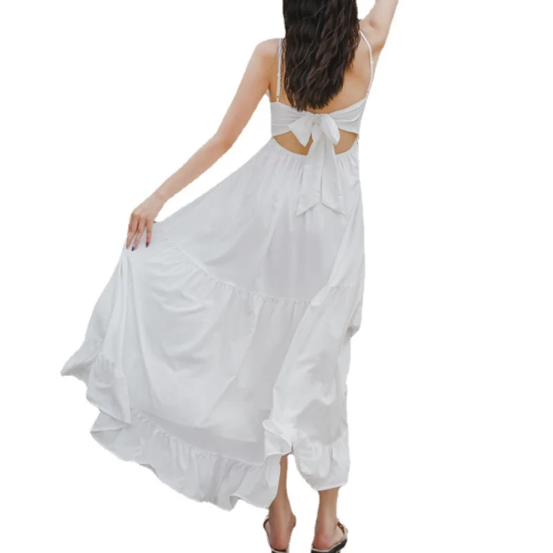 Churchf Churchf Travel Photo Clothes Female Summer Seaside Vacation Beach Dress Super Fairy Temperament Show Back Sling Dress