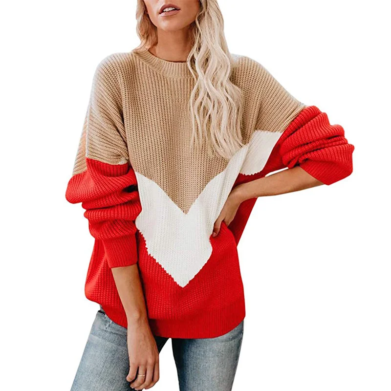 Wongn Wongn 2023 Ladies Splice Color Long Sleeved Round Neck Top Sweater Knit Jumper