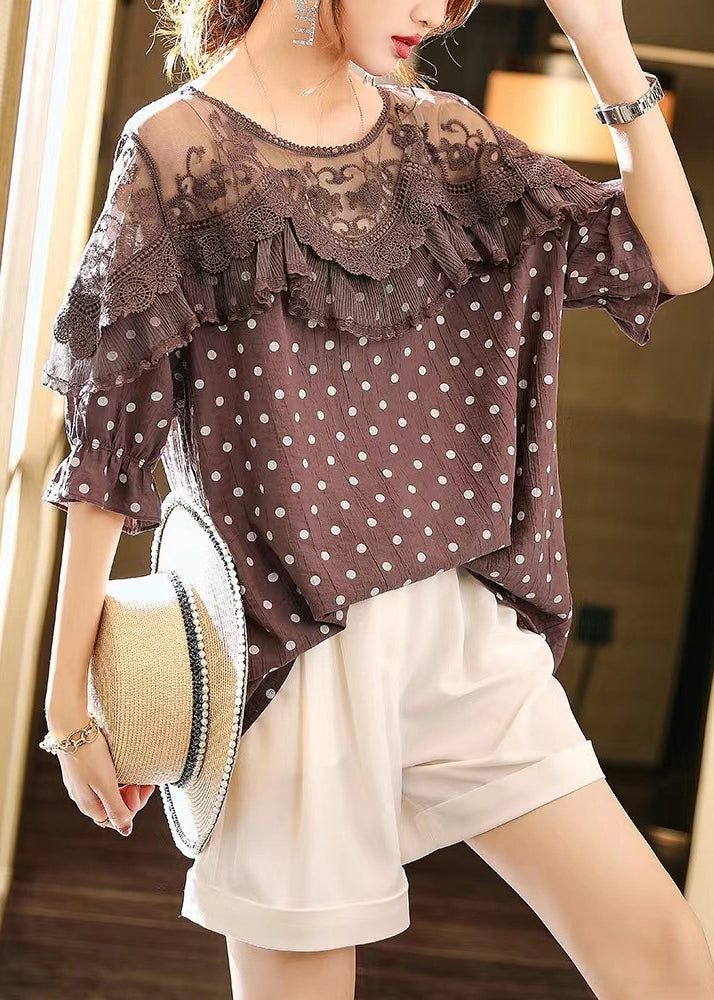 VCSHOES Coffee Lace Patchwork Dot Print Top Half Sleeve