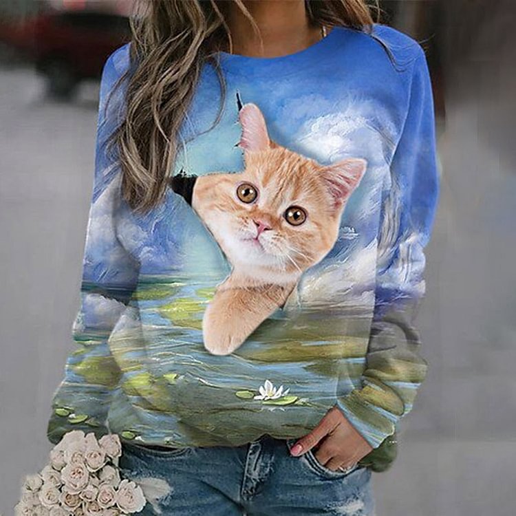 Vefave Cat Print Casual Crewneck Sweatshirt