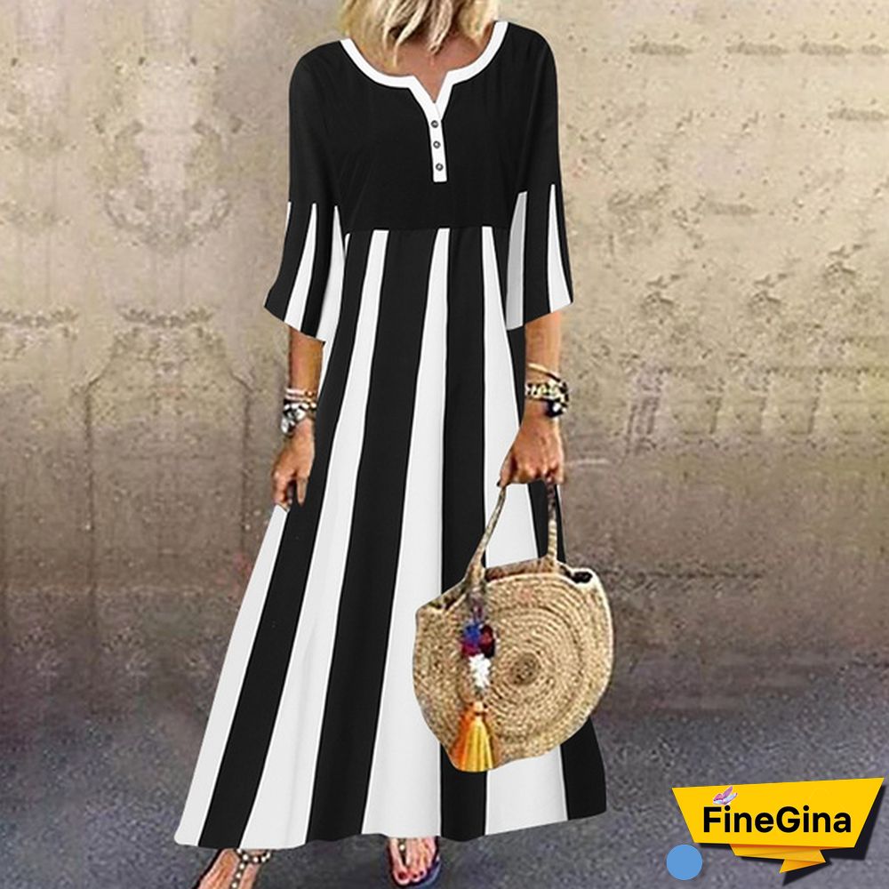 Women's Fashion V Neck 3/4 Sleeve Casual Loose Long Dress Plus Size Striped Dress Vestidos