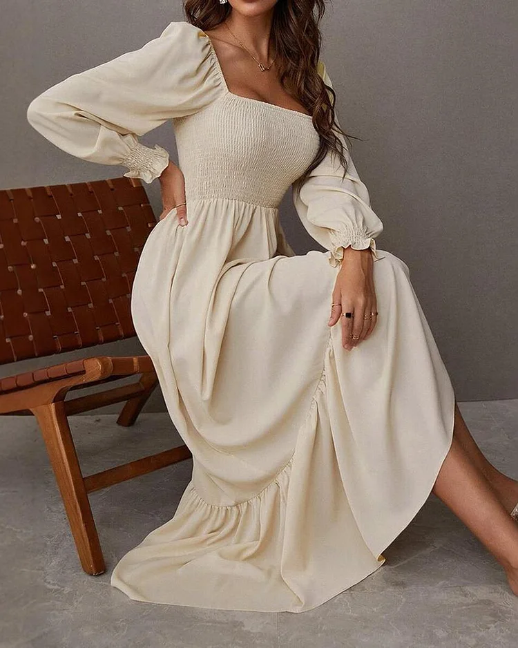 Square Neck Long Sleeve Solid Color Dress