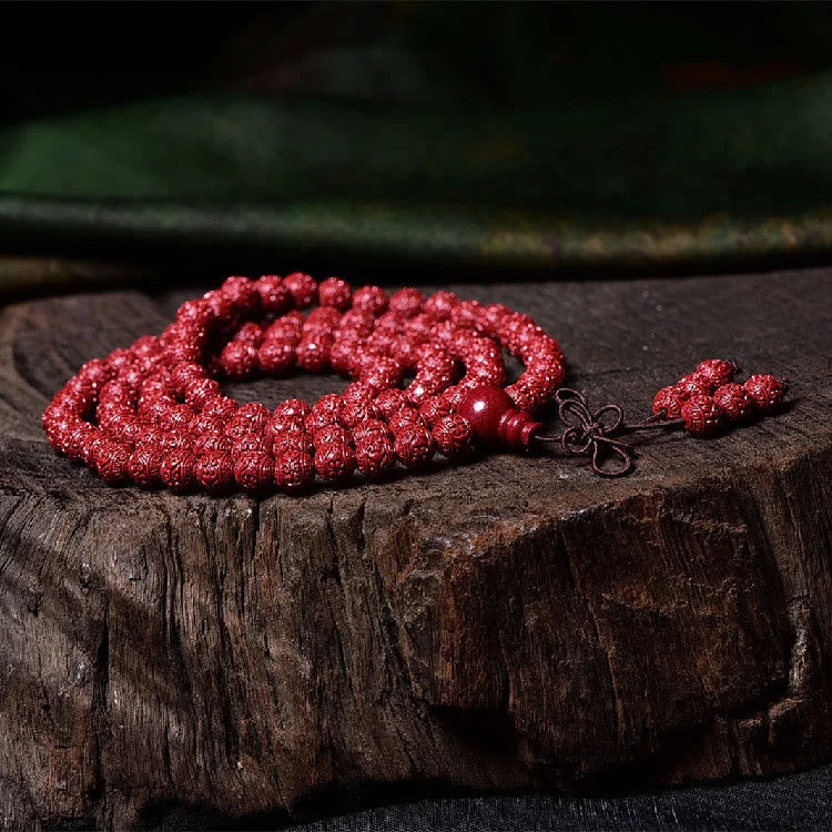 Cinnabar 108 Mala Beads Om Mani Padme Hum Pattern Engraved Blessing Bracelet
