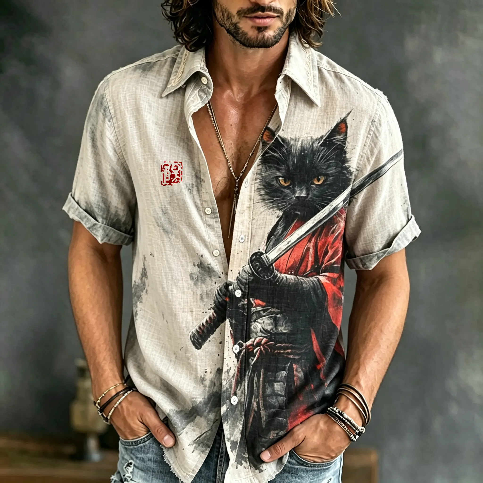 Men's Vintage Japanese Cat Art Embroidered Linen Blend Short Sleeve Shirts  artssus