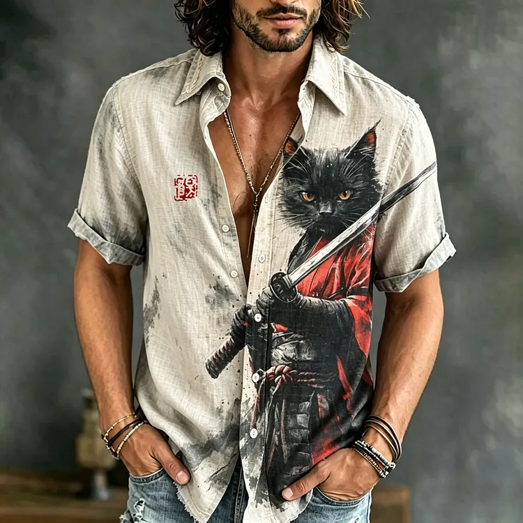 Men's Vintage Japanese Cat Art Embroidered Linen Blend Short Sleeve Shirts