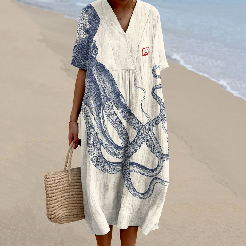 wearshes Vintage Octopus Art Pattern Printed Women's Flowy Dress