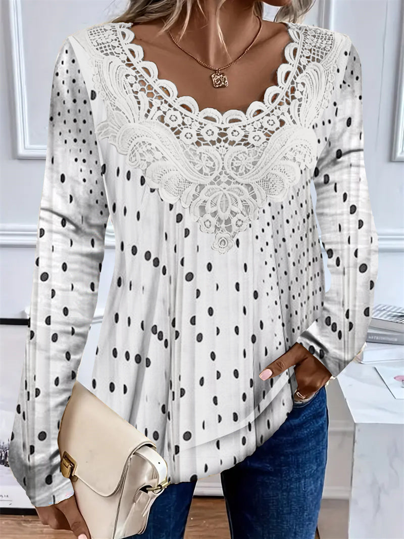 Women's Long Sleeve Scoop Neck Polka Dot Printed Lace Stitching Top