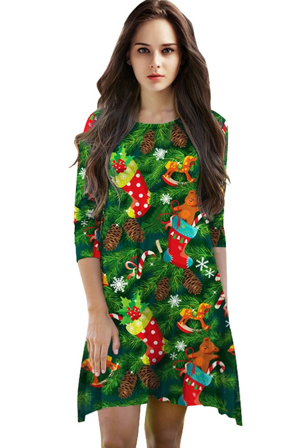 Womens Christmas Stocking Printed 3/4 Length Sleeve Dress Green-elleschic