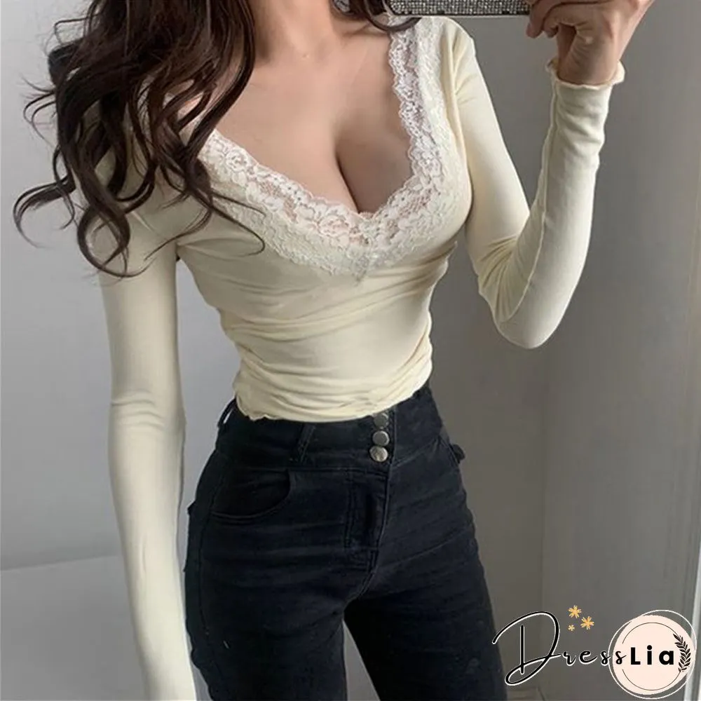 Y2K Sweet Style Women Deep Neck Skinny Korean Tee Fashion Long Sleeve T-Shirt Autumn