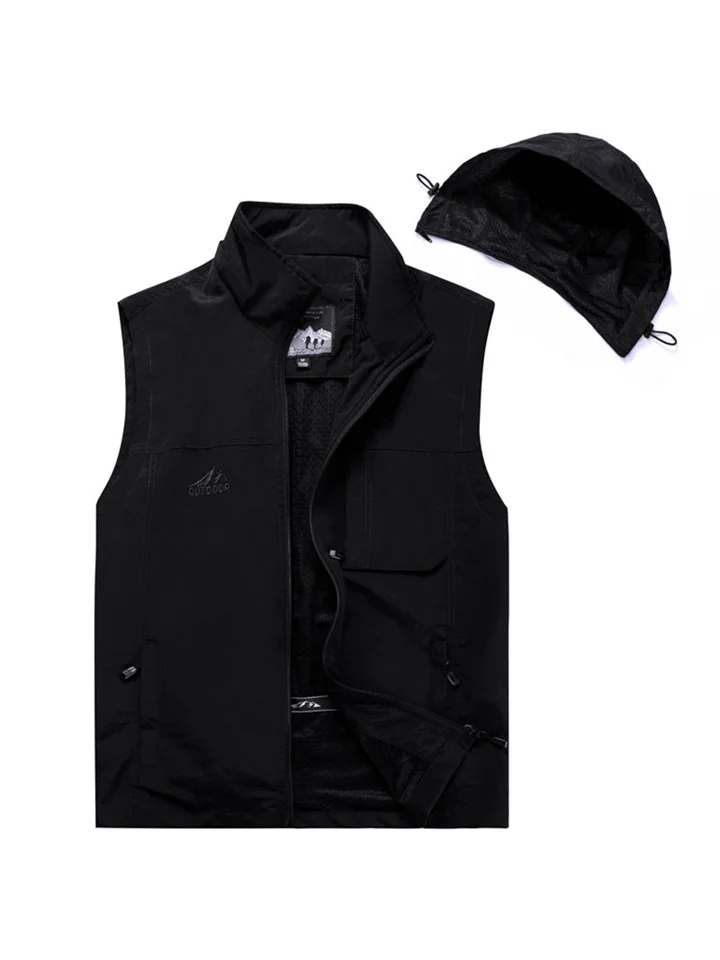 Casual Men's Vest Outdoor Loose Sleeveless Shoulder Fat Undershirt Photography Fishing Hooded Stand-up Collar Horse Jacket-Cosfine