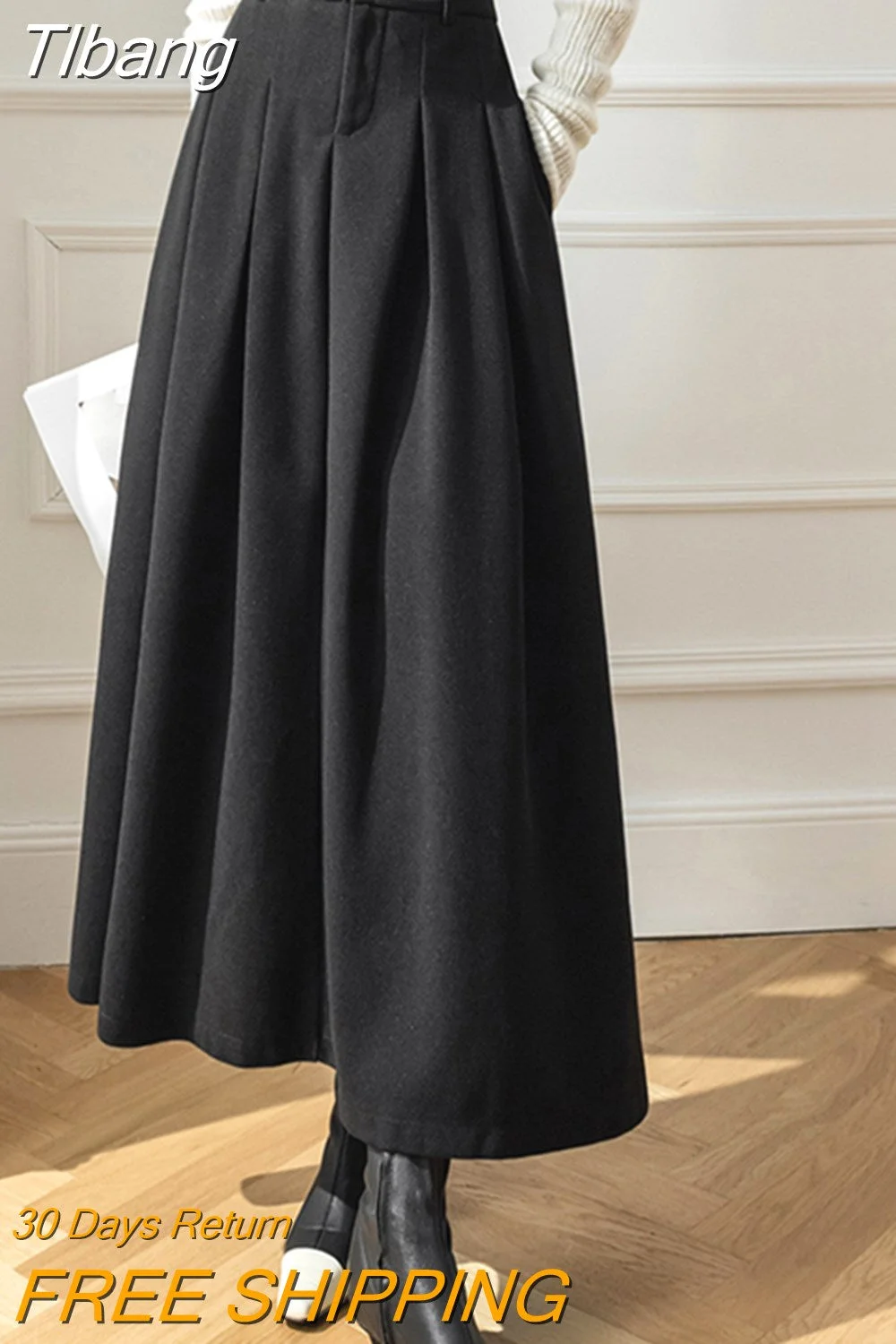 Tlbang Women Woolen Skirts For Female Pockets Office Ladies Casual Loose A-Line High Waist Midi Skirt Autumn Winter Black Skir