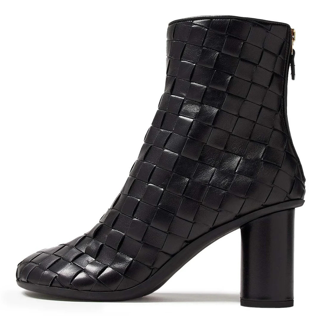Black Round Toe Woven Cylinder Heel Zipper Short Boots for Women