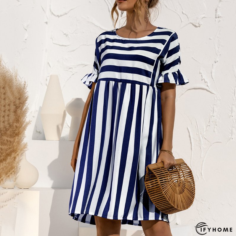 Women's Striped Print Party Ruffle Sleeves High Waist Elegant Casual Beach Dress | IFYHOME
