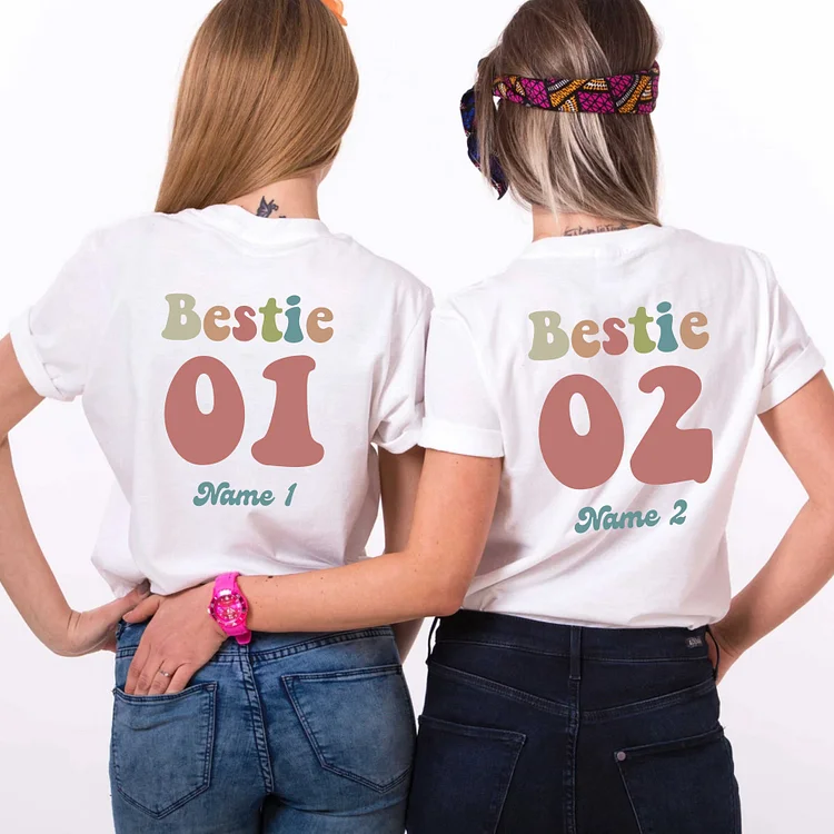 Custom Name And Number Best Friend Shirts, Personalized Gift For Best Friend, Retro Bestie Shirts（buy one get one free）