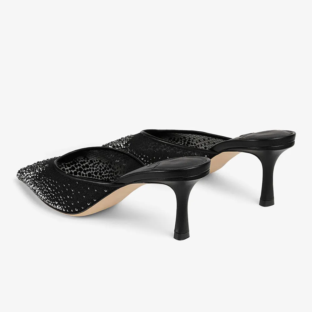 Black Mesh Pointed Toe Stiletto Heel Rhinestone Mules for Women
