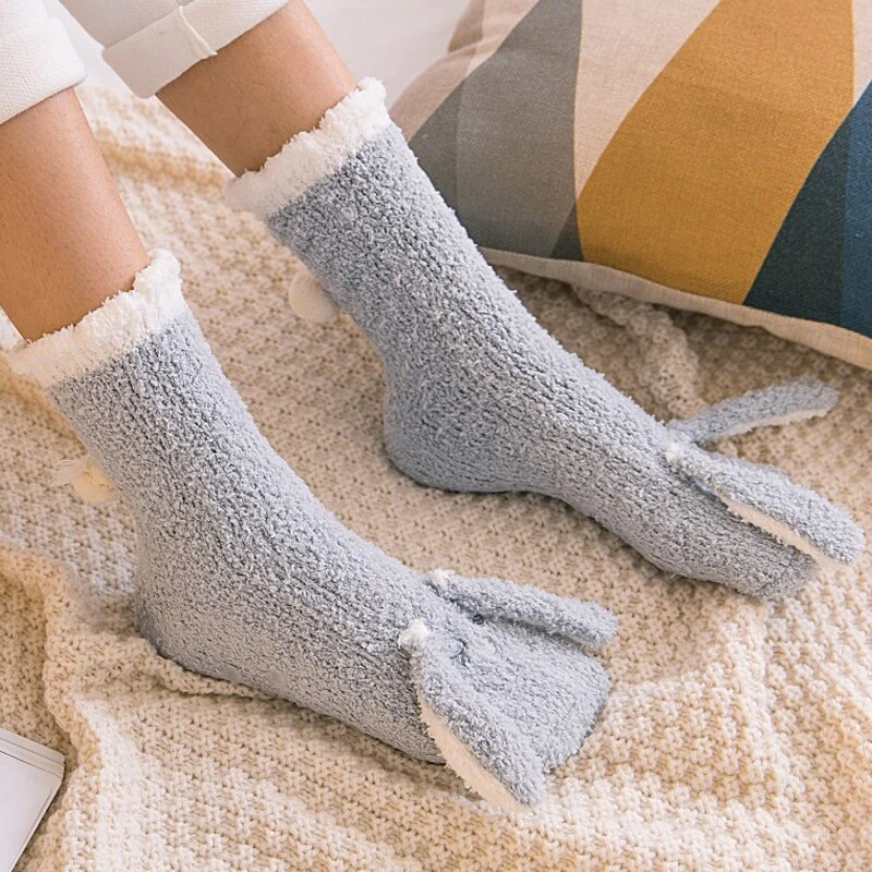 Plush Coral Fleece Floor Slipper Socks Rabbit Ear Cute Thick Shoes Fluffy Fuzzy Tube Floor Sleeping Socks Women Warm Winter Sox