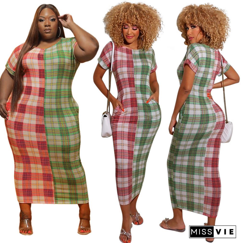 New Plaid Matching Color Round Neck Slim Dress