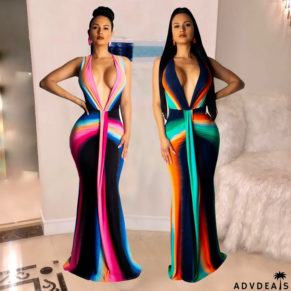 Sexy Printed Deep V Neck Maxi Dresses