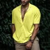 Solid Color Lapel Short-sleeved Linen Simple Shirt