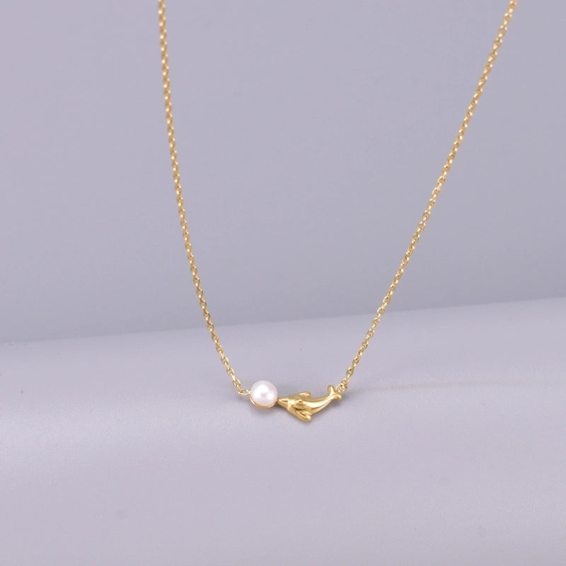 Cute Minimalist Dolphin 304 Stainless Steel Titanium Steel Pearl 18K Gold Plated Inlay Necklace