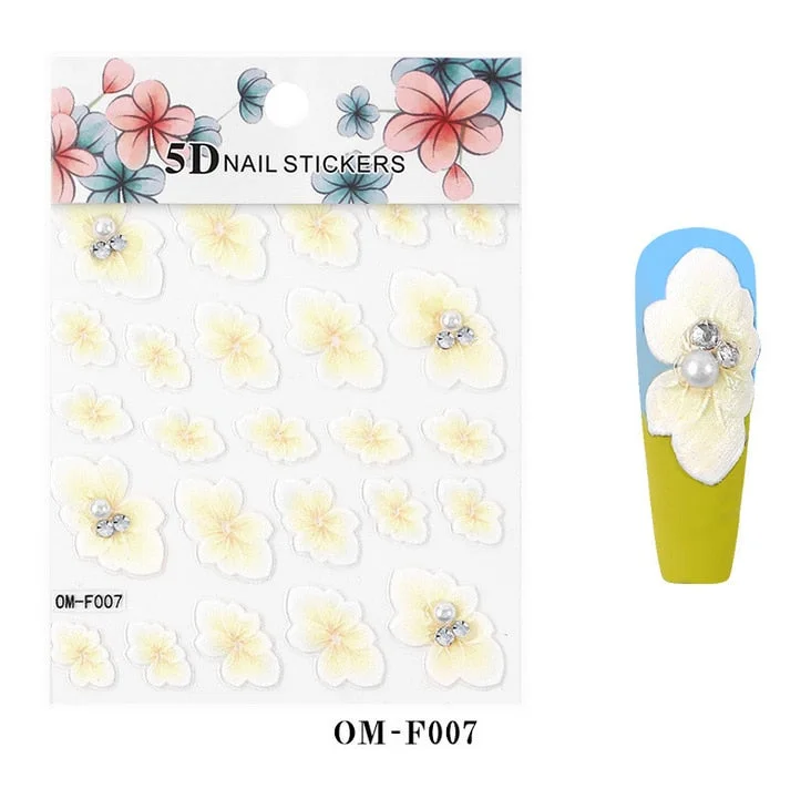 Nail Stickers Embossed 5D Flowers With Pearls Rhinestones Back Glue Nail Decals Decoration Tips For Beauty Salons-Nail Inspo