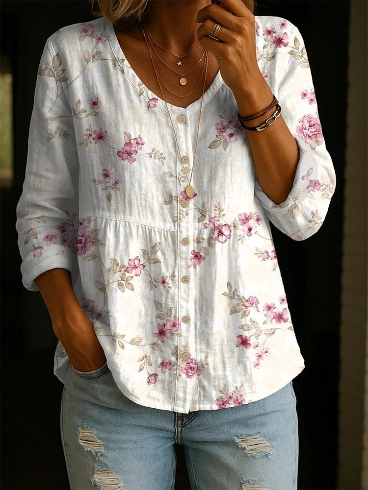 Women's Retro Flower Art Print Linen Cotton Shirt