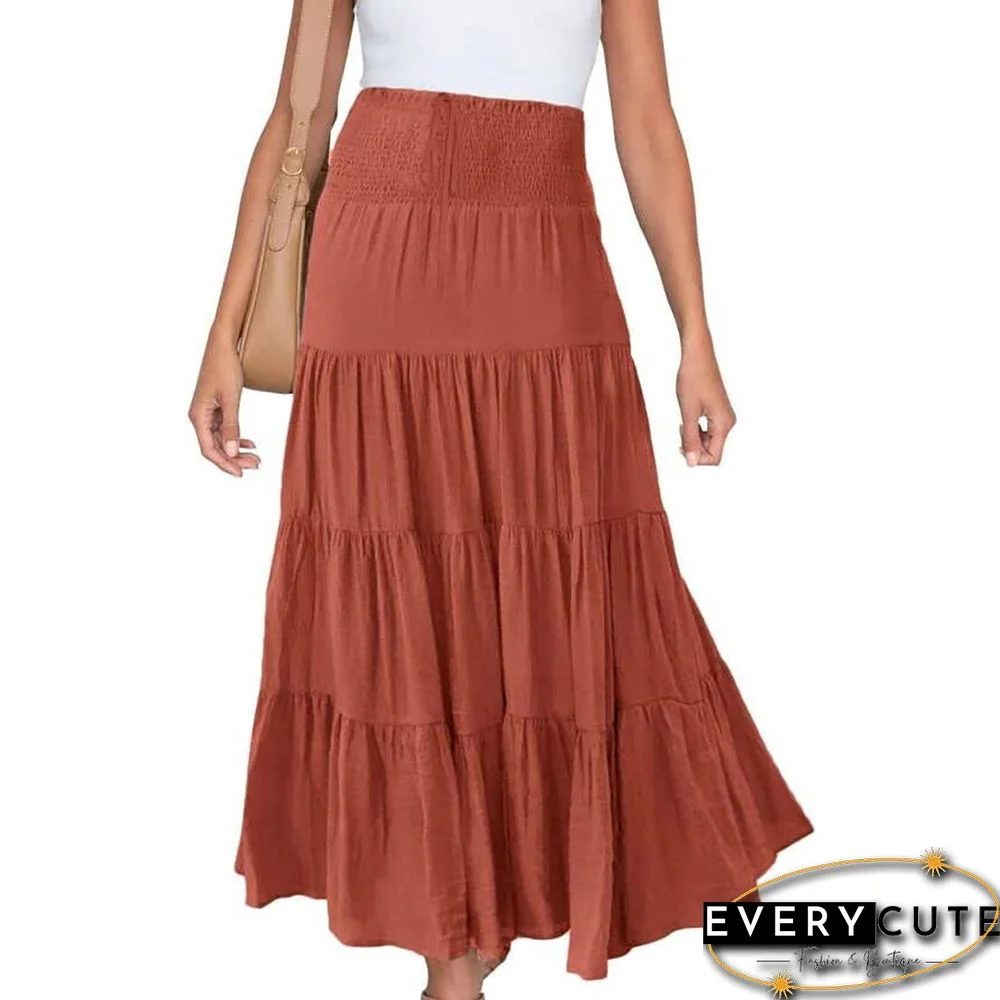Rust Red Bohemia Pleated High Waist Maxi Skirt
