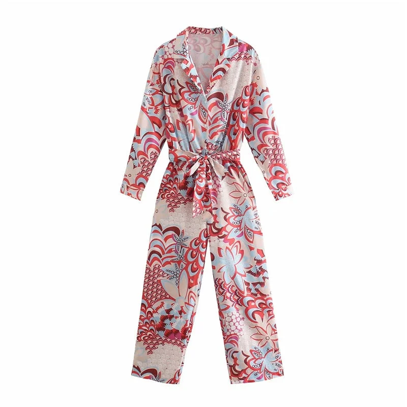 PUWD Vintage Woman Red Print Sashes Jumpsuits 2021 Spring Casual Female High Waisted Jumpsuit Ladies Floral Beach Rompers
